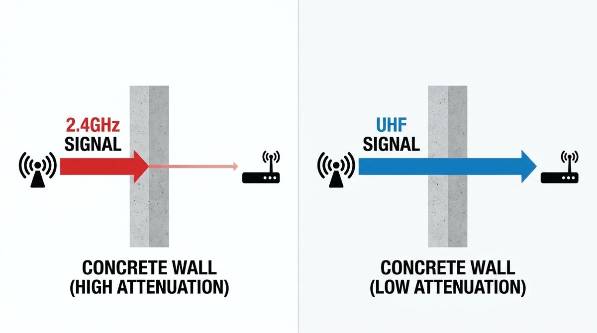 UHF vs 2.4GHz wireless signal penetration test through concrete wall UHF vs 2.4GHz wireless signal penetration test through concrete wall