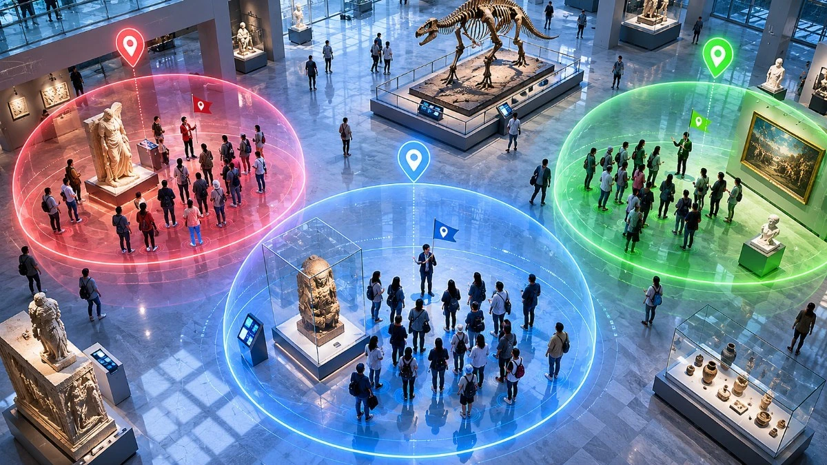 Overhead view of multiple visitor tour groups operating on separate audio guide channels simultaneously in a large museum without signal interference Overhead view of multiple visitor tour groups operating on separate audio guide channels simultaneously in a large museum without signal interference
