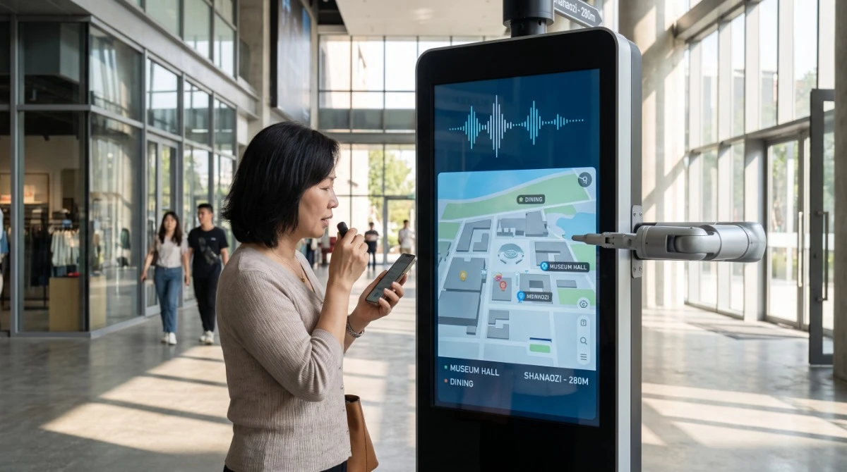 Visitor using voice command to interact with AI assistant on interactive digital signage kiosk Visitor using voice command to interact with AI assistant on interactive digital signage kiosk