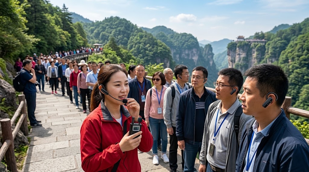 Guide leading a large tour group using the B7-1 team guide system on a scenic trail Guide leading a large tour group using the B7-1 team guide system on a scenic trail