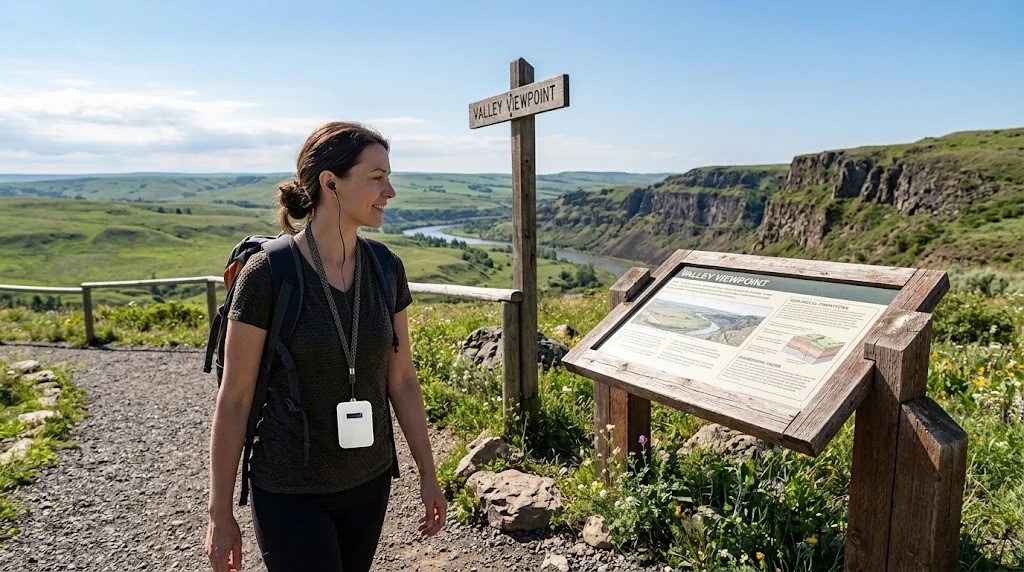 Independent visitor triggering automatic M7 commentary at a scenic viewpoint Independent visitor triggering automatic M7 commentary at a scenic viewpoint