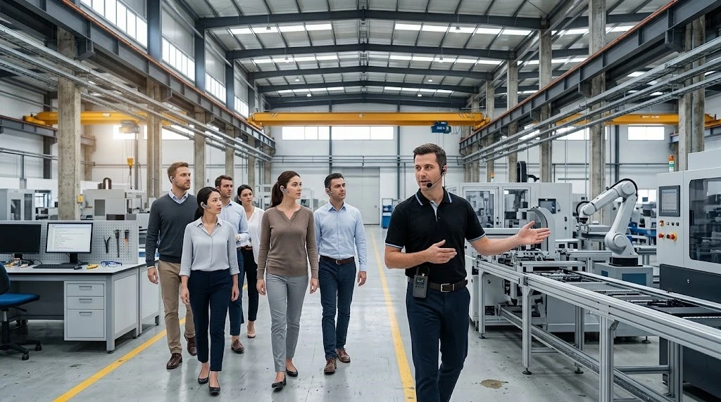Factory tour group using wireless headsets in a large industrial facility Factory tour group using wireless headsets in a large industrial facility