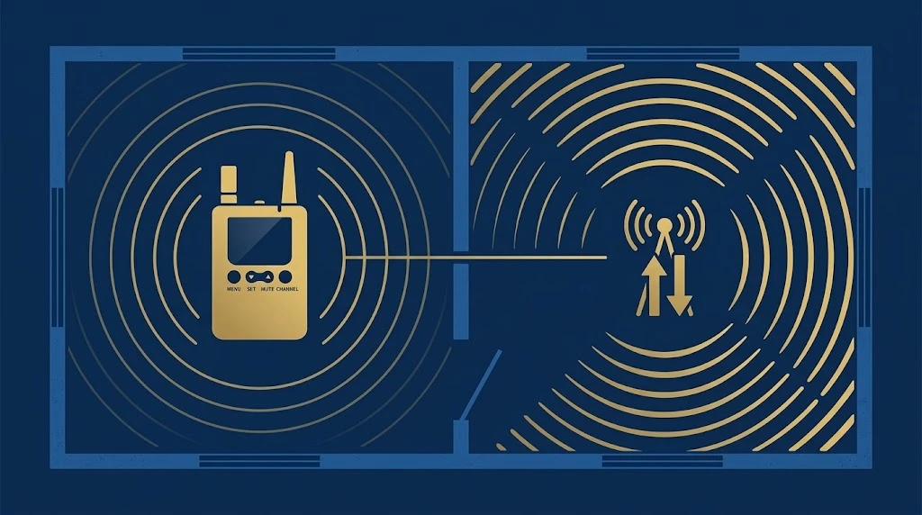 Illustration of a transmitter and signal relay extending tour guide system coverage across a venue Illustration of a transmitter and signal relay extending tour guide system coverage across a venue